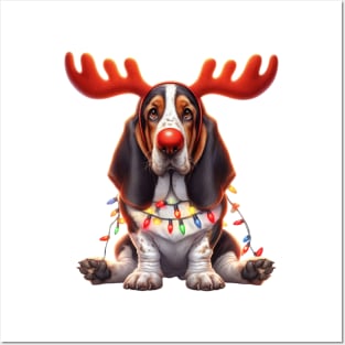 Christmas Red Nose Basset Hound Dog Posters and Art